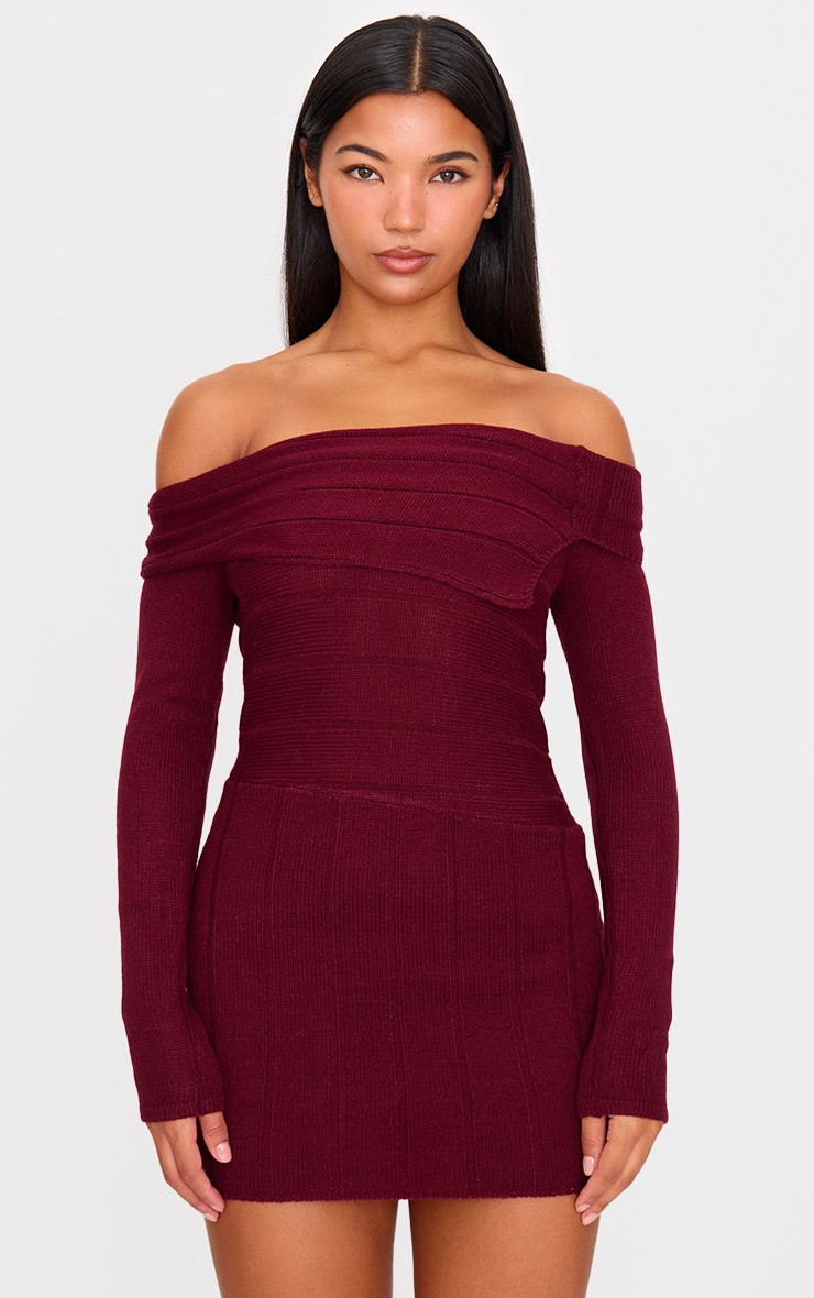 Wine Asymmetric Knitted Fold Over Mini Dress | PrettyLittleThing UK