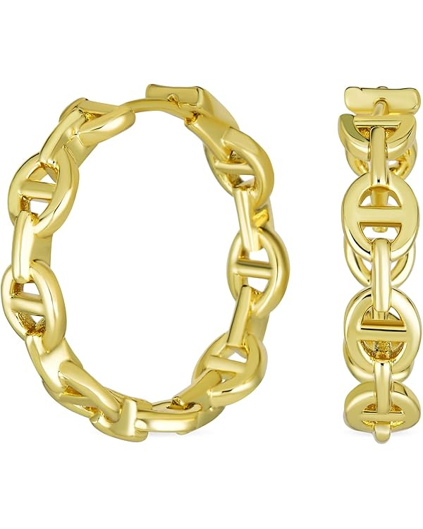 Classic Round Paper Clip Link Open Anchor Puff Mariner Chain Link Hoop Earrings Women Silver or 1... | Amazon (US)