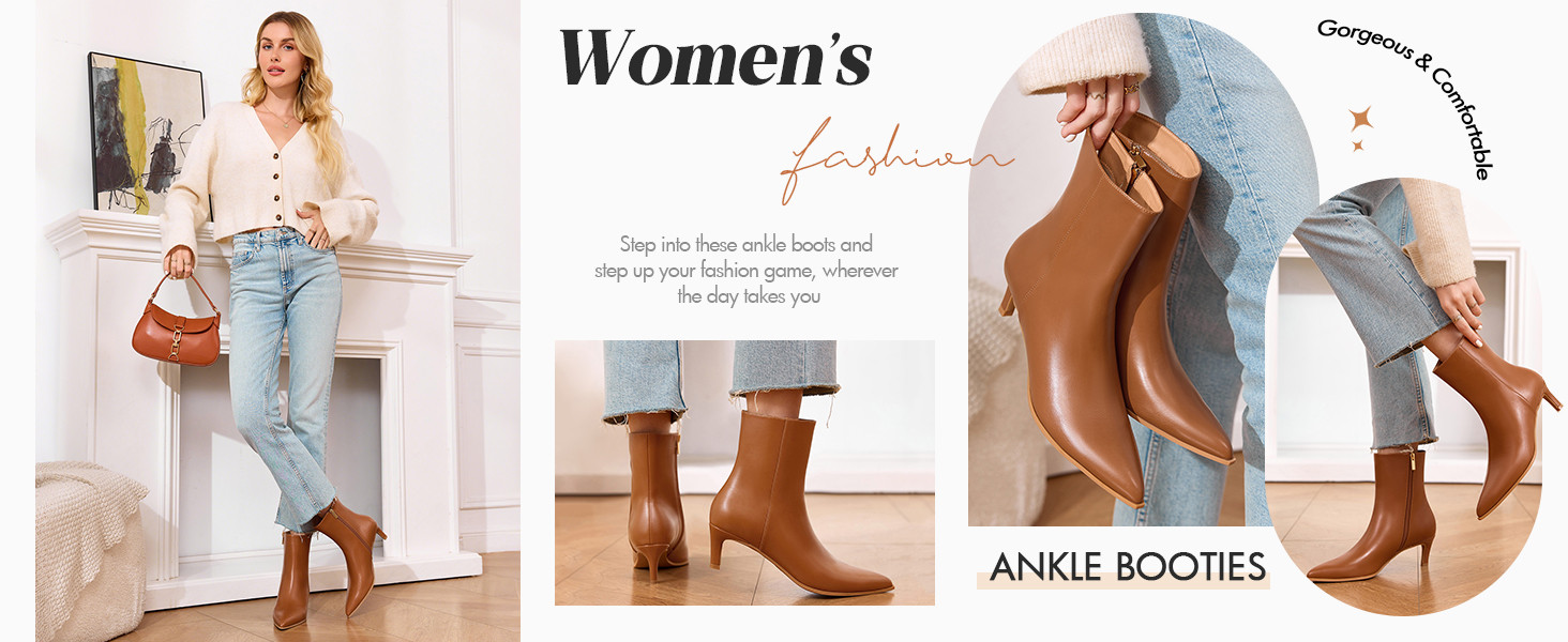 Coutgo Ankle Boots for Women Kitten Low Heel Pointed Toe Booties Side Zipper Fall Shoes | Amazon (US)