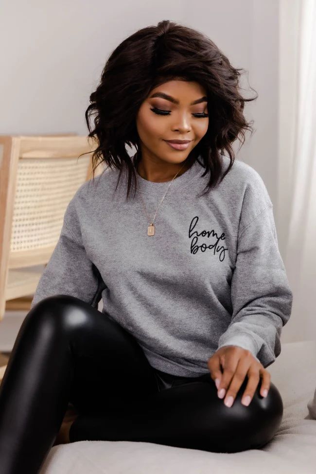 Homebody Script Embroidered Heather Grey Sweatshirt | The Pink Lily Boutique