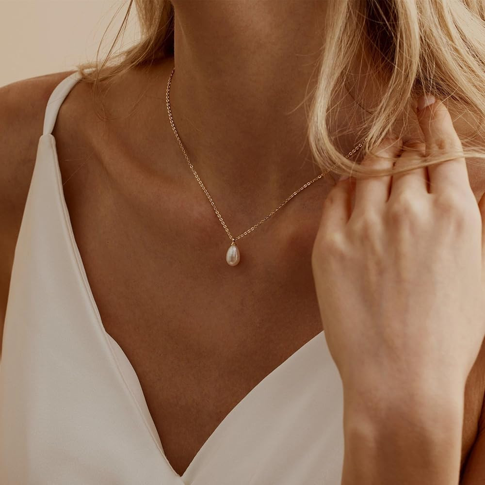 Pearl Necklace for Women Trendy,14k Gold Plated Necklace Dainty Wedding Necklace Small Cute Choke... | Amazon (US)