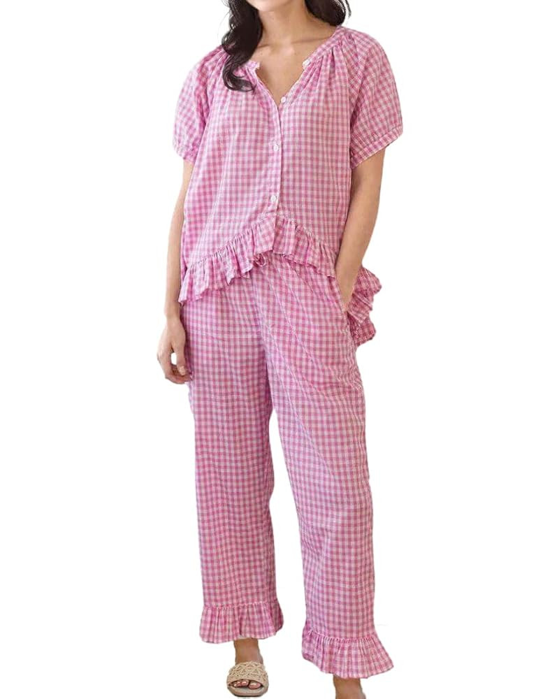 Womens Gingham Pajama Set 2 Piece Short Sleeve Babydoll Shirt and Pants Lounge Set Cute Sleepwear | Amazon (US)