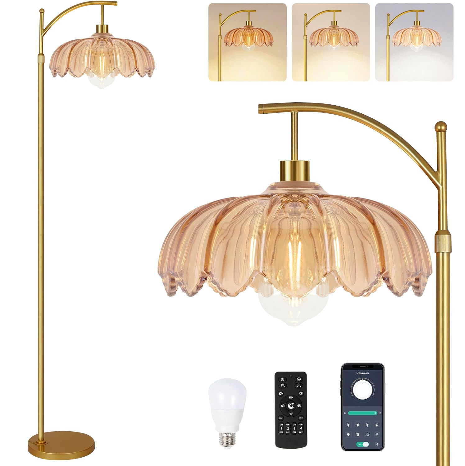 Floor Lamp for Living Room,Bedroom,Gold Dimmable Standing Lamp with Remote,Mid Century Modern Bra... | Amazon (US)