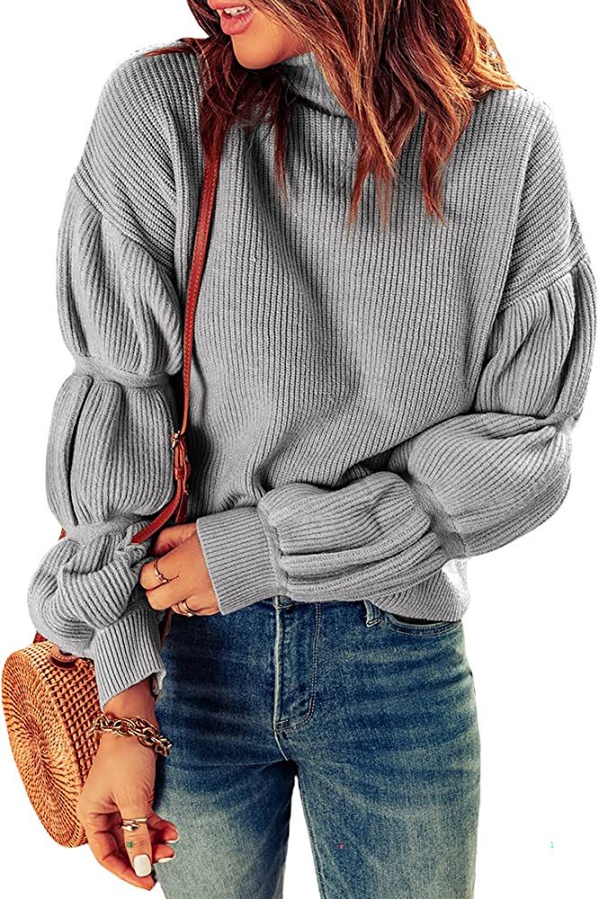 KIRUNDO Women's 2023 Fall Turtleneck Lantern Sleeve Sweater Drop Shoulder Chunky Knit Sweaters Solid | Amazon (US)