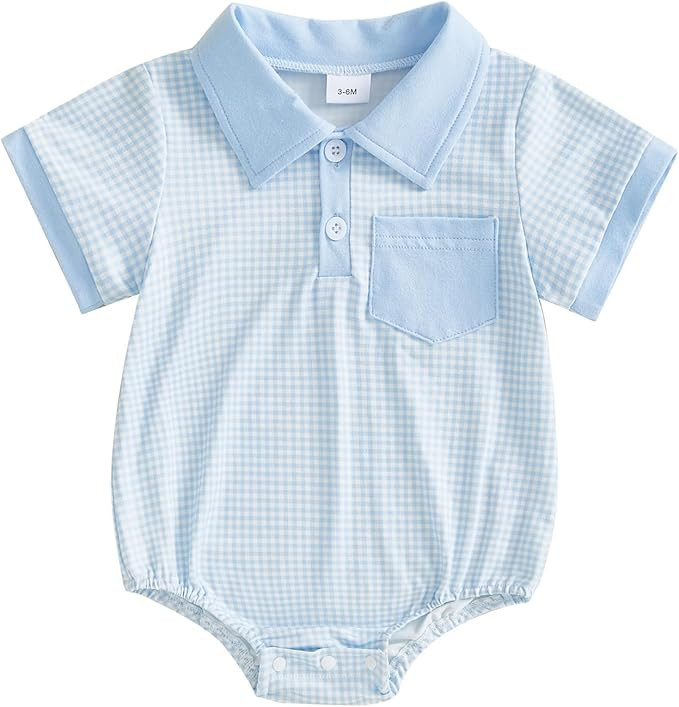 Newborn Baby Boy Summer Clothes Short Sleeve Lapel Button Romper Up Loose Fit Plaid Jumpsuit Infa... | Amazon (US)