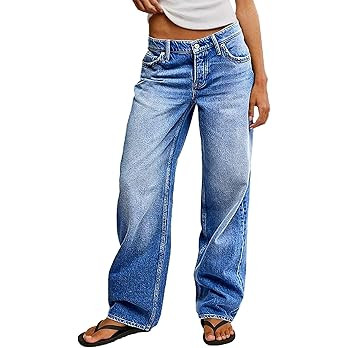 Flamingals Baggy Jeans for Women Mid Rise Straight Leg Stretchy Wash Casual Boyfriend Jeans Trend... | Amazon (US)