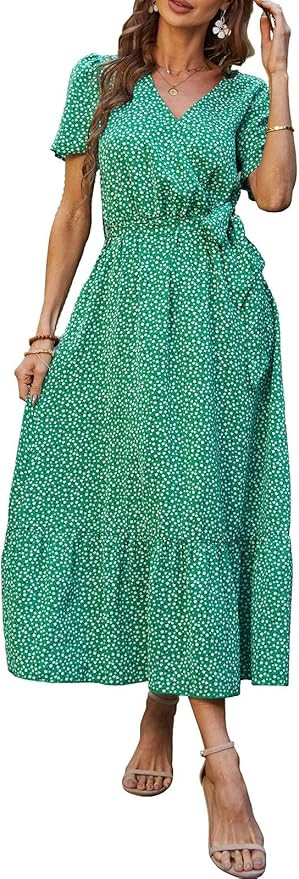 PRETTYGARDEN Women's Floral Summer Dress Wrap V Neck Short Sleeve Belted Ruffle Hem A-Line Bohemi... | Amazon (US)