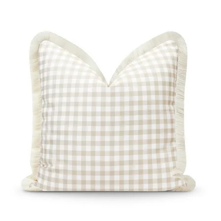 Hofdeco Premium Fall Coastal Patio Indoor Outdoor Pillow Cover Only, 20"x20" Water Repellent for Backyard, Couch, Neutral Tan Gingham Fringe | Walmart (US)