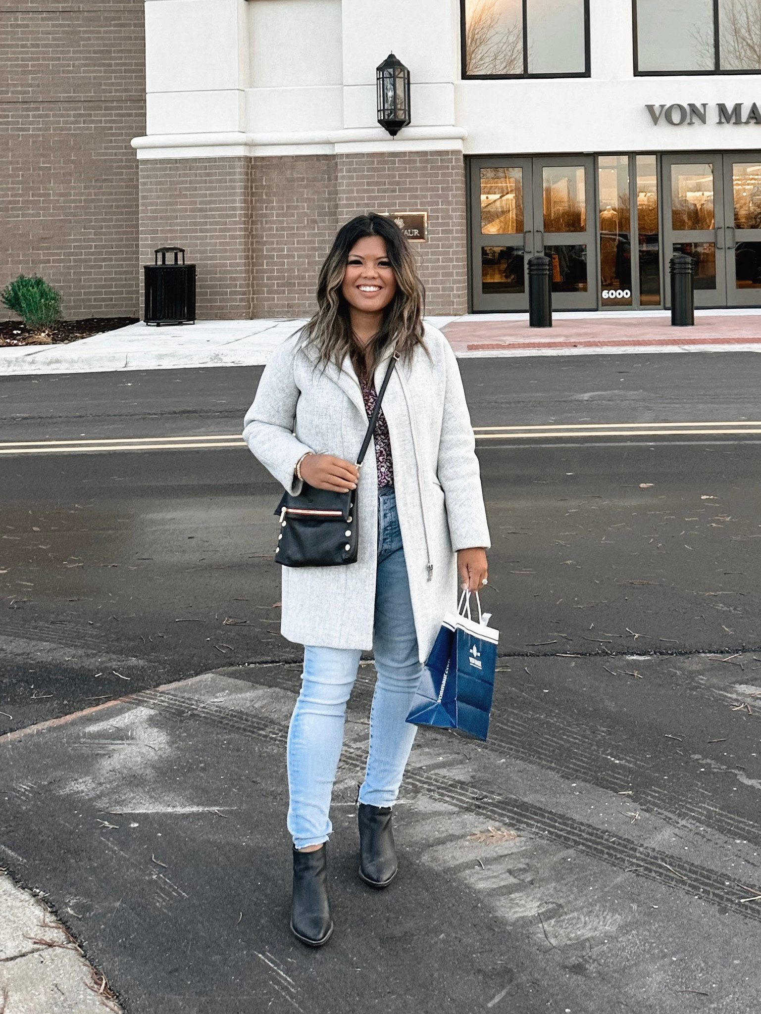 Wearing a size 4 Petite of the j.crew cocoon coat in heather dusk.  Wearing a size 27 in the Mother skinny jeans

dressy coat - Hammitt purse - black crossbody purse - black boots - petite style - asian - mom style - Filipino 

#LTKsalealert #LTKworkwear #LTKunder100