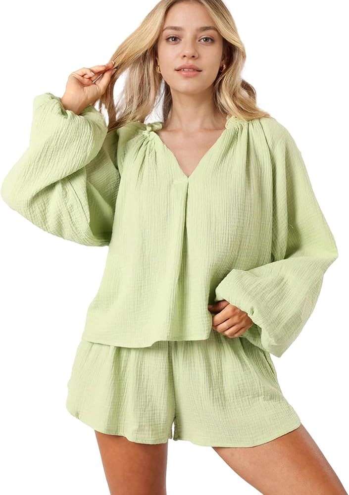 Yioaga Casper Two Piece Sets for Women Ruffle Long Sleeve Top and Shorts Outfits Casual Sweatshir... | Amazon (US)