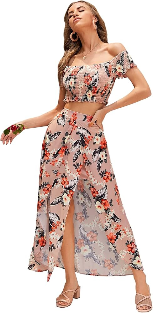 Floerns Women's Two Piece Outfit Floral Crop Top and Split Long Skirt Set | Amazon (US)