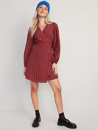Puff-Sleeve Plaid Seersucker Mini Wrap Dress for Women | Old Navy (US)