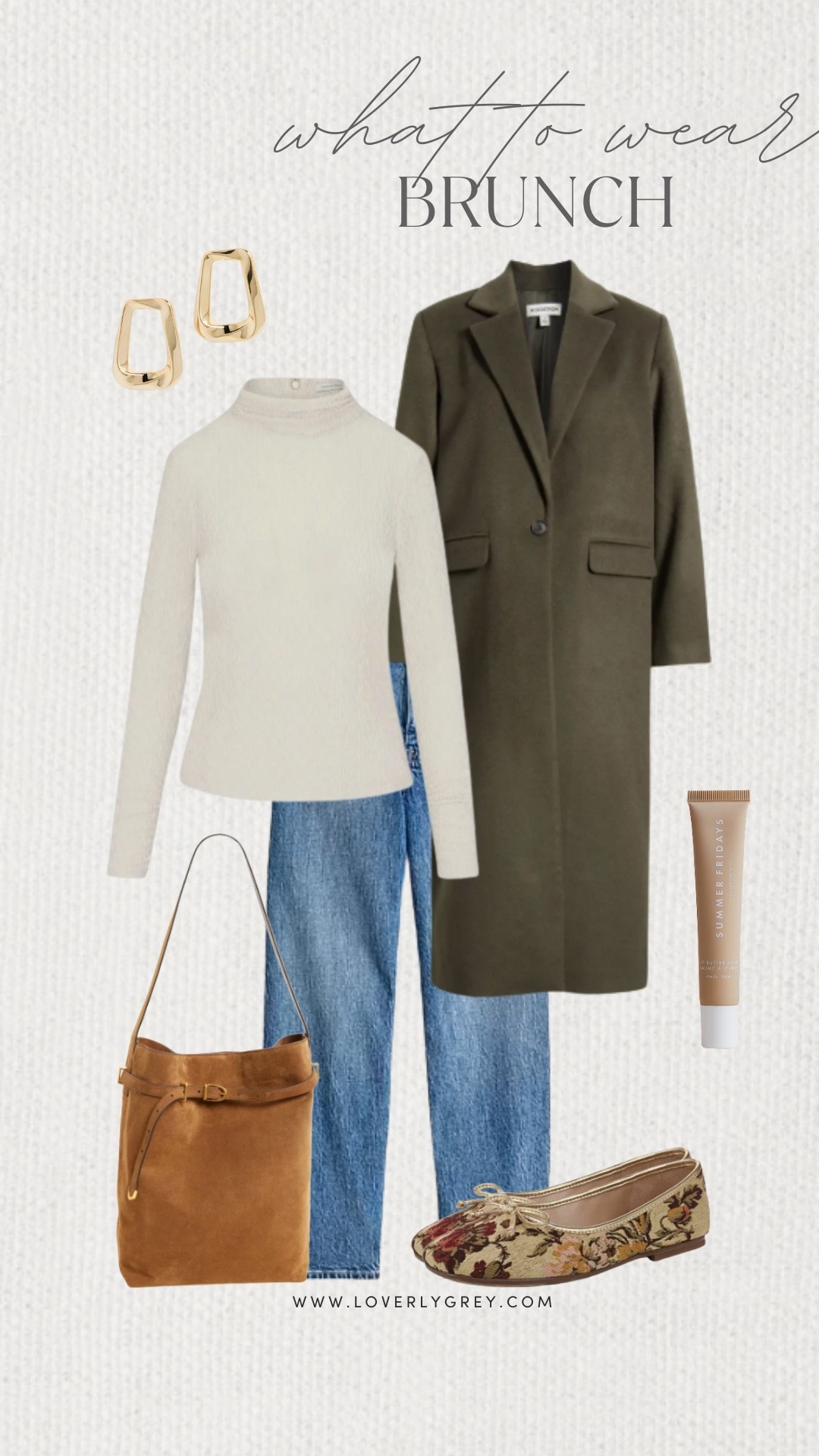 Loverly Grey, what to wear to brunch with friends! A pair of denim, with a long sleeve top, and long coat. Accessorize with a suede bag, gold earrings, and patterned ballet flats. Loverly Grey, what to wear, brunch 

#LTKgrwm #LTKSeasonal #LTKHoliday