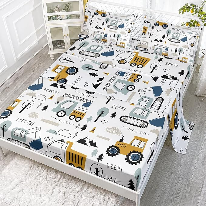 Woodland Construction Sheets Set 4Pcs for Kids,Cartoon Excavator Truck Lifter Print Sheet Set wit... | Amazon (US)