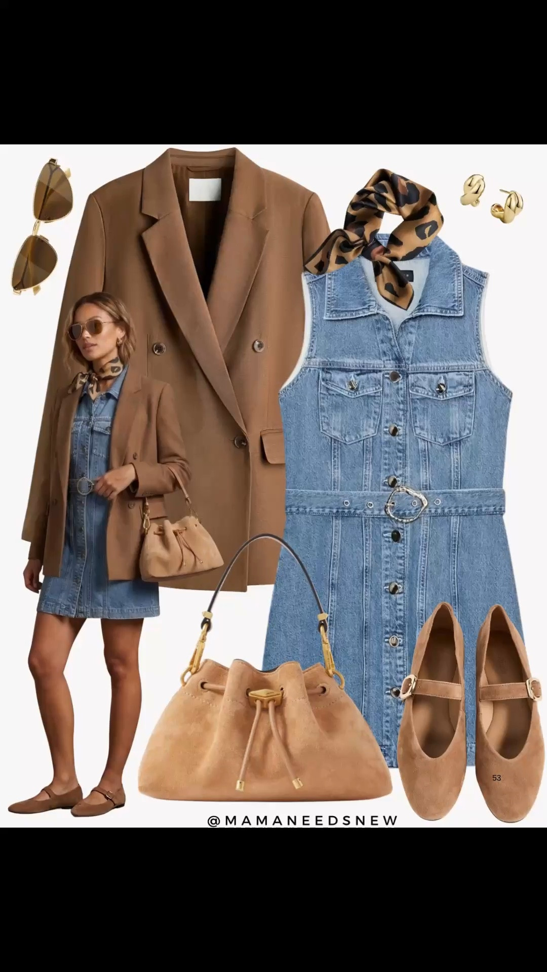A spring outfit with a blazer,  belted denim dress, suede bag, suede Maryjane flats, silk scarf 

#LTKSaleAlert #LTKSeasonal #LTKootd