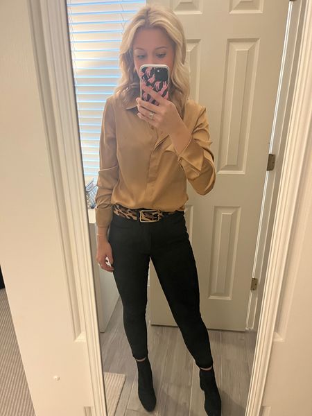 Top is from Bev’s boutique in Tuscaloosa! Linked similar and LOVE the banana republic option (and it’s on sale!) Belt is B-Low the belt and linked a similar style. Boots - free people linked similar. Jeans are exact - love Good American!🖤

#LTKstyletip #LTKworkwear