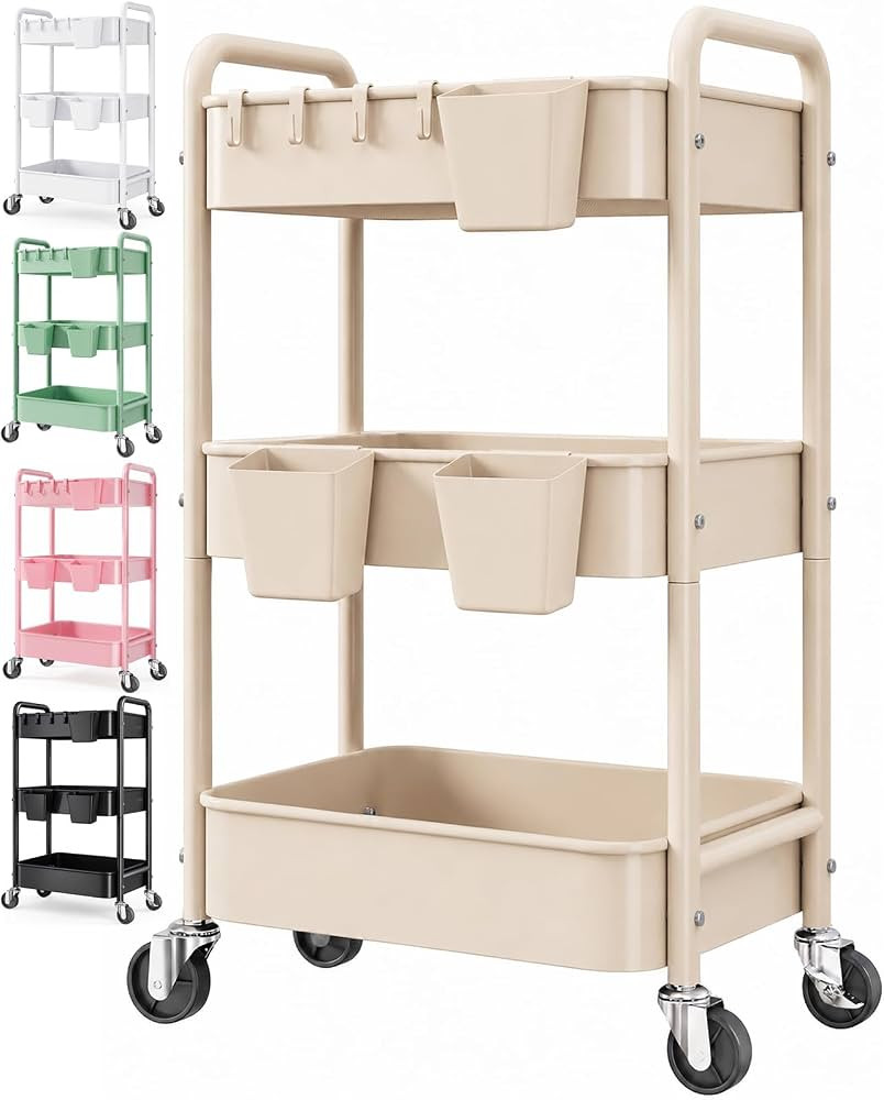Beige 3 Tier Rolling Storage Cart Metal on Wheels, Cream Diaper Caddy Carts | Amazon (US)