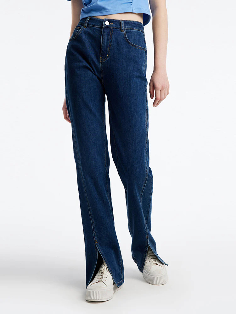 Slant Slit Denim Straight Leg Full Length Jeans | GoeliaGlobal
