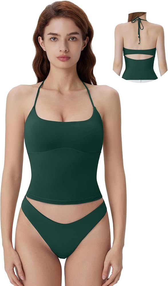 SUUKSESS Halter Tank Tops with Built in Bras Double Lined Backless Y2K Top | Amazon (US)