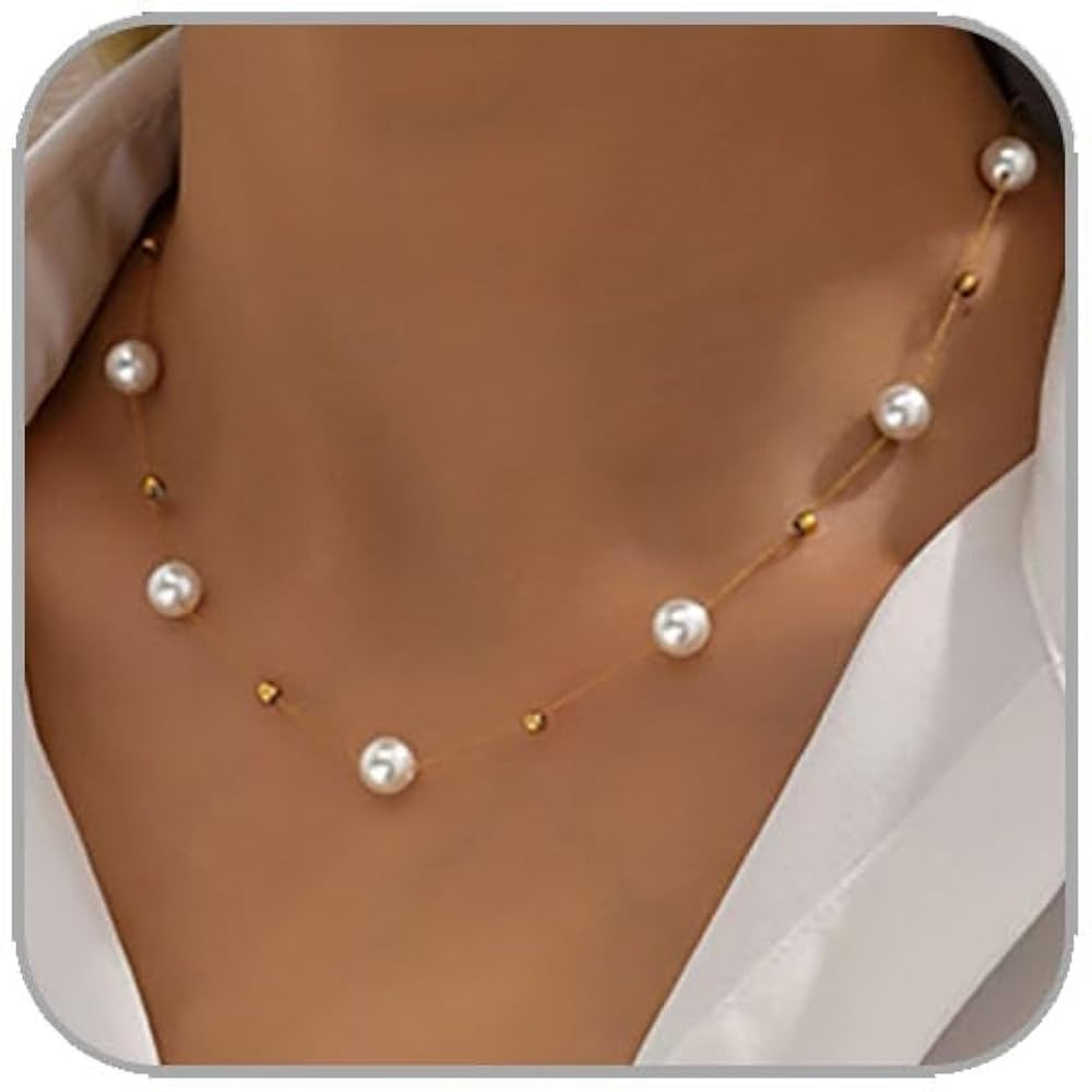 Layered Pearl Necklace for Women Trendy Simple Necklace Gold Chain Choker Necklace Pearl Cross Ne... | Amazon (US)