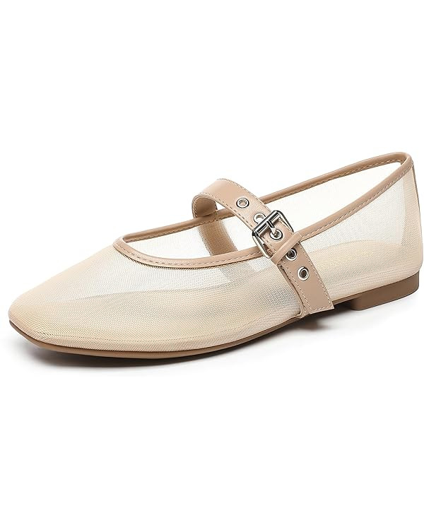 Rihero Mesh Ballet Flats for Women Square Toe Mary Jane Flats Comfortable Casual Ballerina Shoes | Amazon (US)