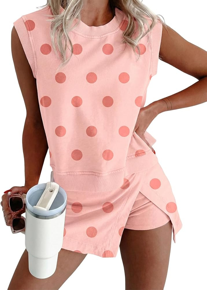 KevaMolly Womens Lounge Sets Ribbed Trim Polka Dot Print Tank Split Mini Skort 2pcs Set Sleeveles... | Amazon (US)