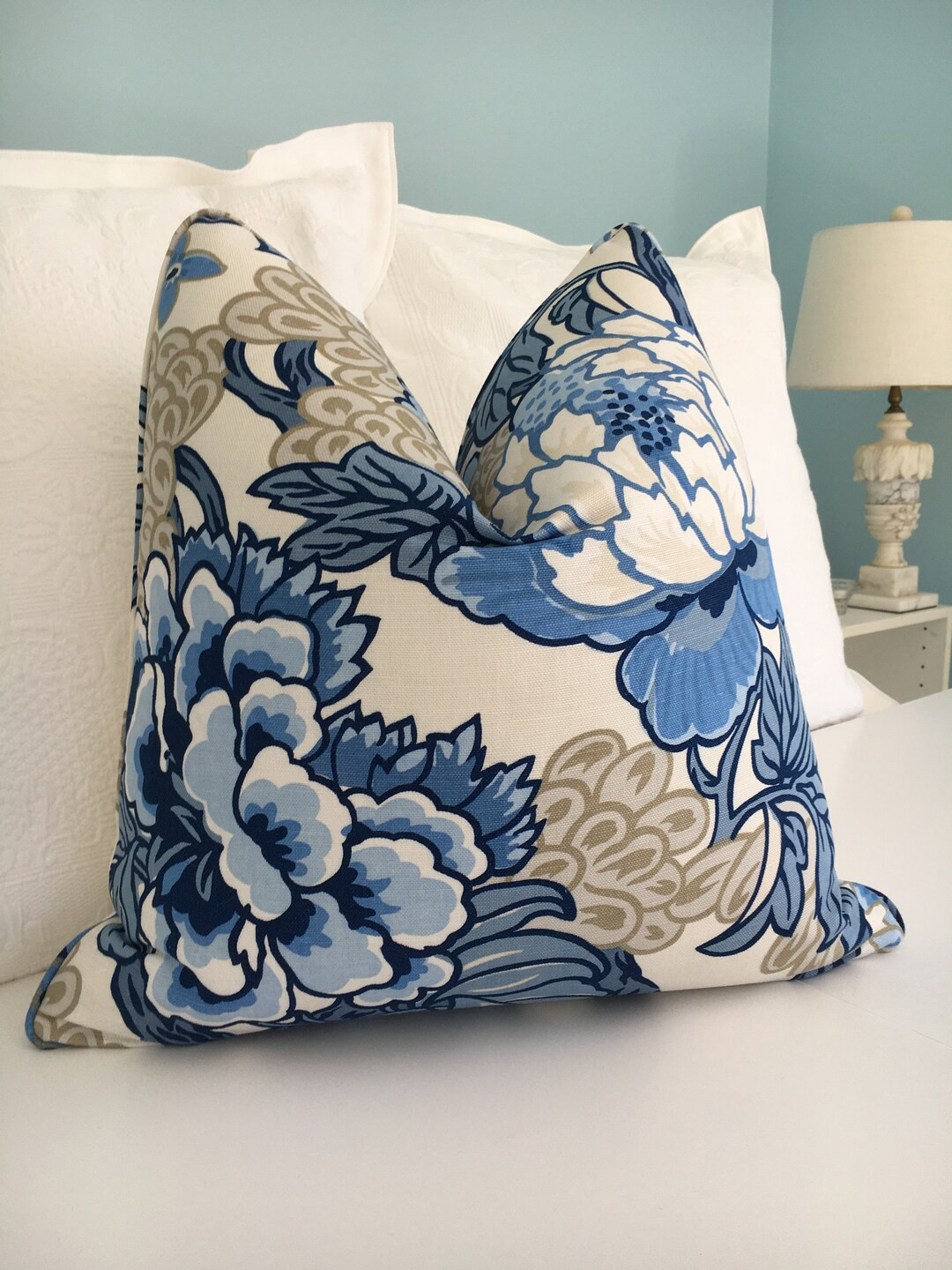 Thibault "Honshu" Floral High End Pillow Cover. Blue and beige Designer Pillow Cover.  Chinoiseri... | Etsy (US)