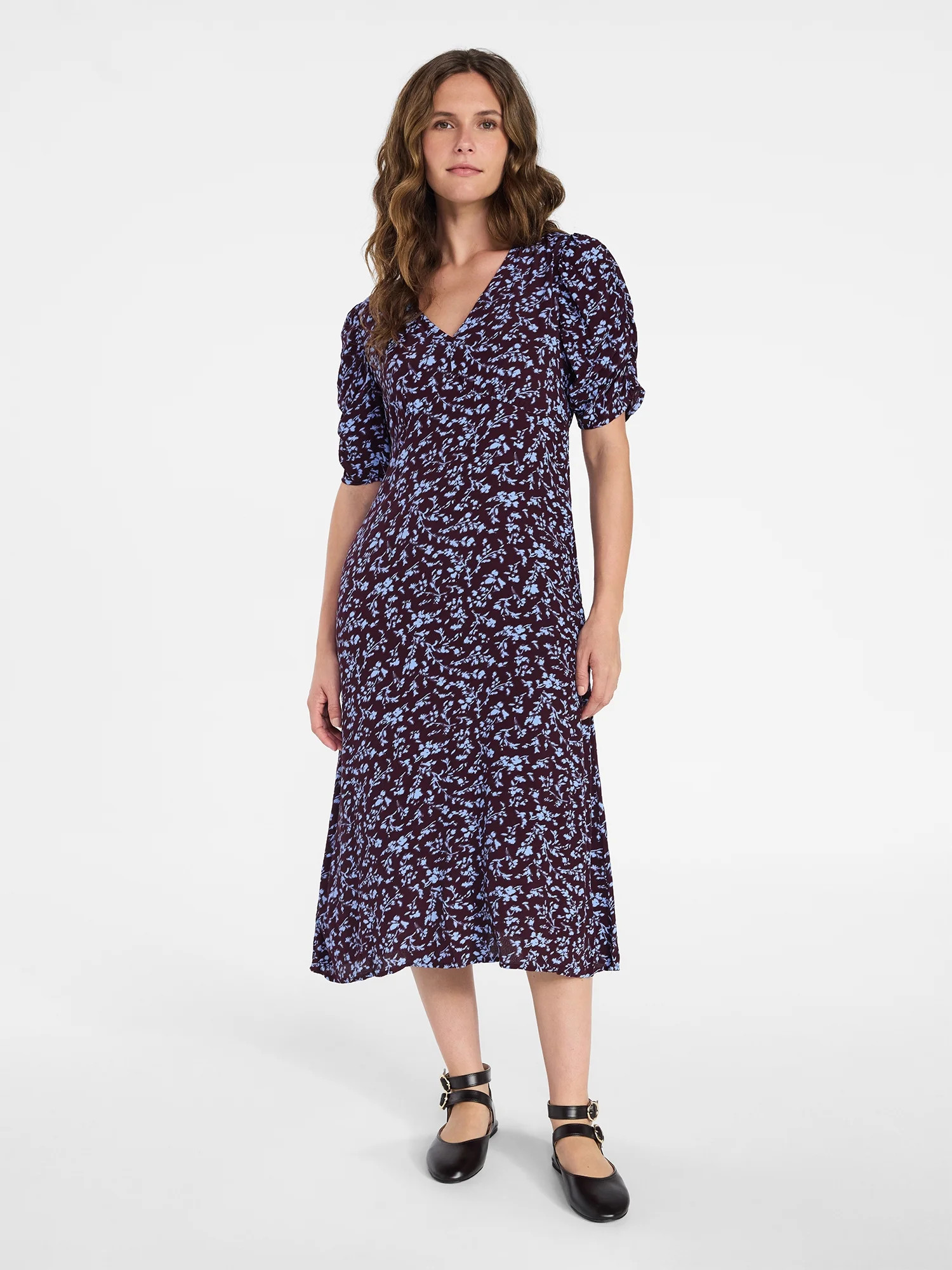Time and Tru Women's Midi Dress with Ruched Sleeves, Sizes XS-XXXL | Walmart (US)