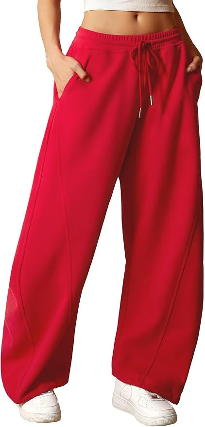 ELLEVEN Women's Y2K Wide Leg Sweatpants - High Elastic Waist Baggy Pants with Pockets & Adjustabl... | Amazon (US)