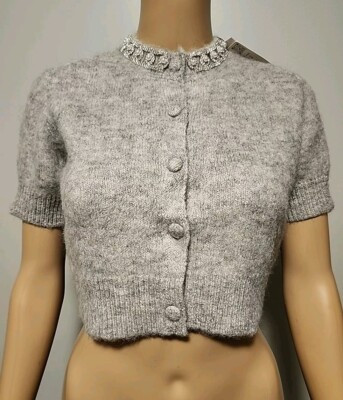 Zara  Grey Cropped Cardigan Short Sleeve Pearl Rhinestone Detail Size S NWT  | eBay | eBay US