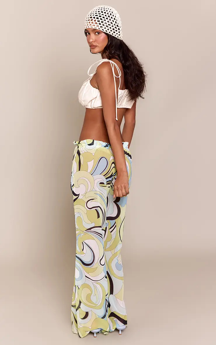 Green Chiffon Abstract Print Floaty Wide Leg Trouser | PrettyLittleThing UK