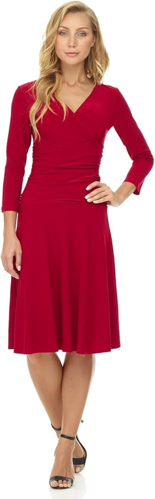 Rekucci Women's Slimming 3/4 Sleeve Fit-and-Flare Crossover Tummy Control Dress | Amazon (US)