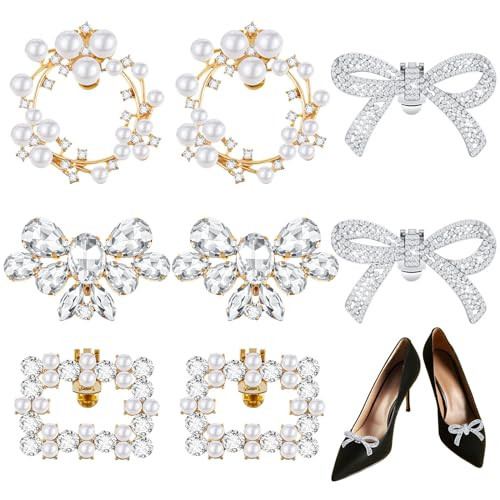 Juexica 4 Pairs Rhinestone Pearl Shoe Clips Crystal Shoe Buckles Bow Square Wing Clips for Women Charms Decoration(Stylish) | Amazon (US)
