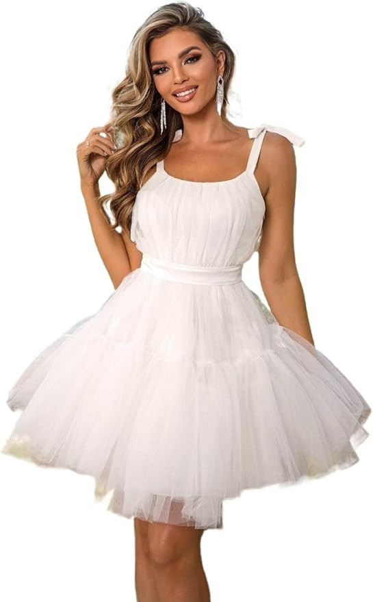 CIVOUX Womens White Dresses Tie Shoulder Mesh Cami Short Dress Sleeveless | Amazon (US)