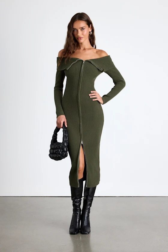 Trendy Aura Olive Green Off-the-Shoulder Zip-Front Sweater Dress | Lulus