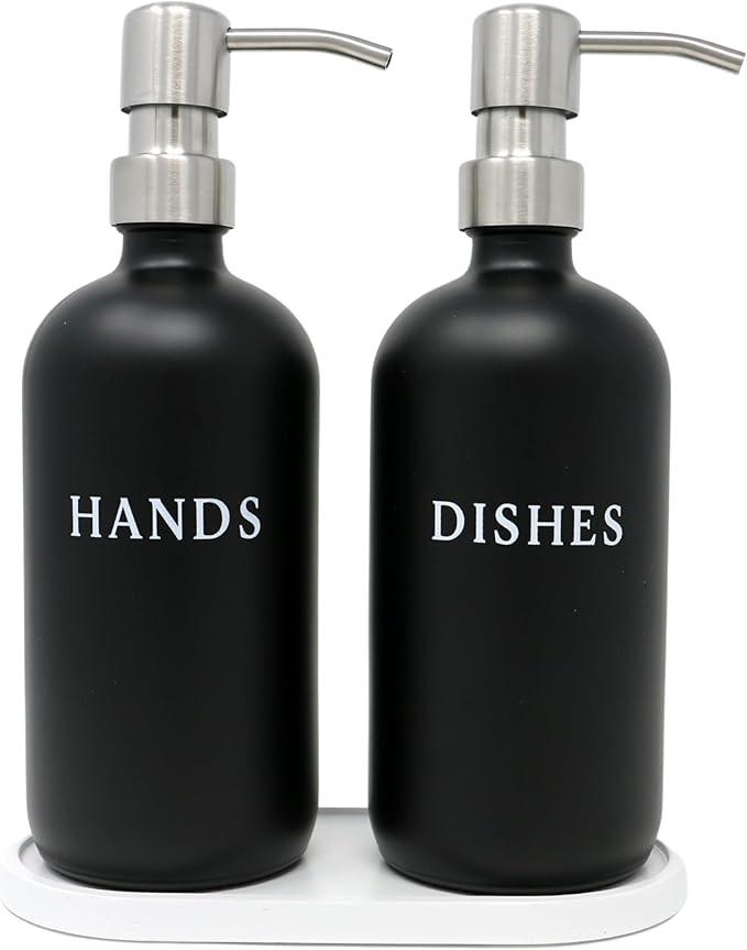 RM Home Black Glass Hand and Dish Soap Dispenser Set - Modern Farmhouse Sink Accessories - Liquid... | Amazon (US)
