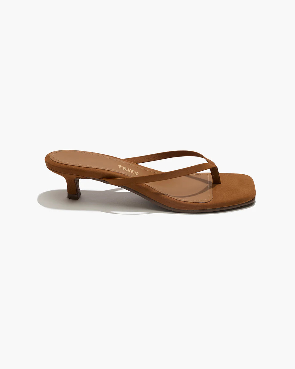 TKEES Square Toe Julia Suede Flip Flops in Camel | TKEES