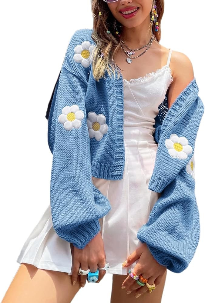 Womens Y2K Cardigan Sweaters Long Sleeve Open Front Cropped Flower Knit Cardigan Aesthetic 90s Sh... | Amazon (US)