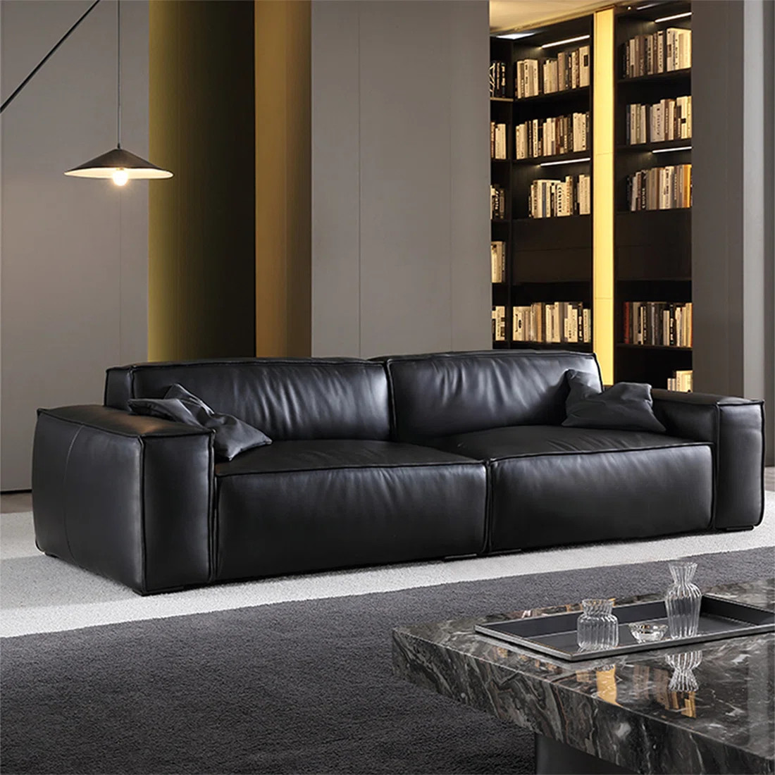 Black Genuine Leather Modular Sofa cushion couch | Wayfair North America
