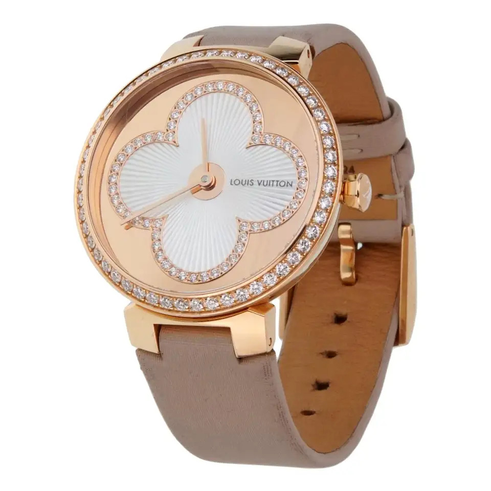 Louis Vuitton Tambour Blossom 35 Rose Gold Diamond Watch | 1stDibs