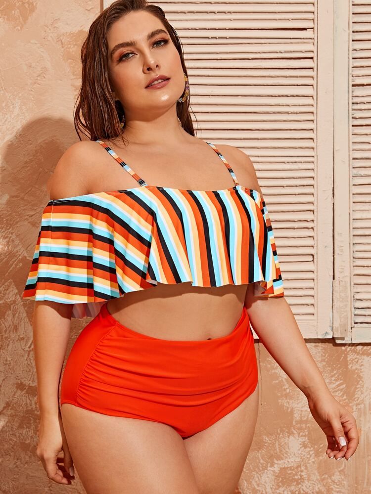 Plus Striped Flounce High Waisted Bikini Swimsuit | SHEIN