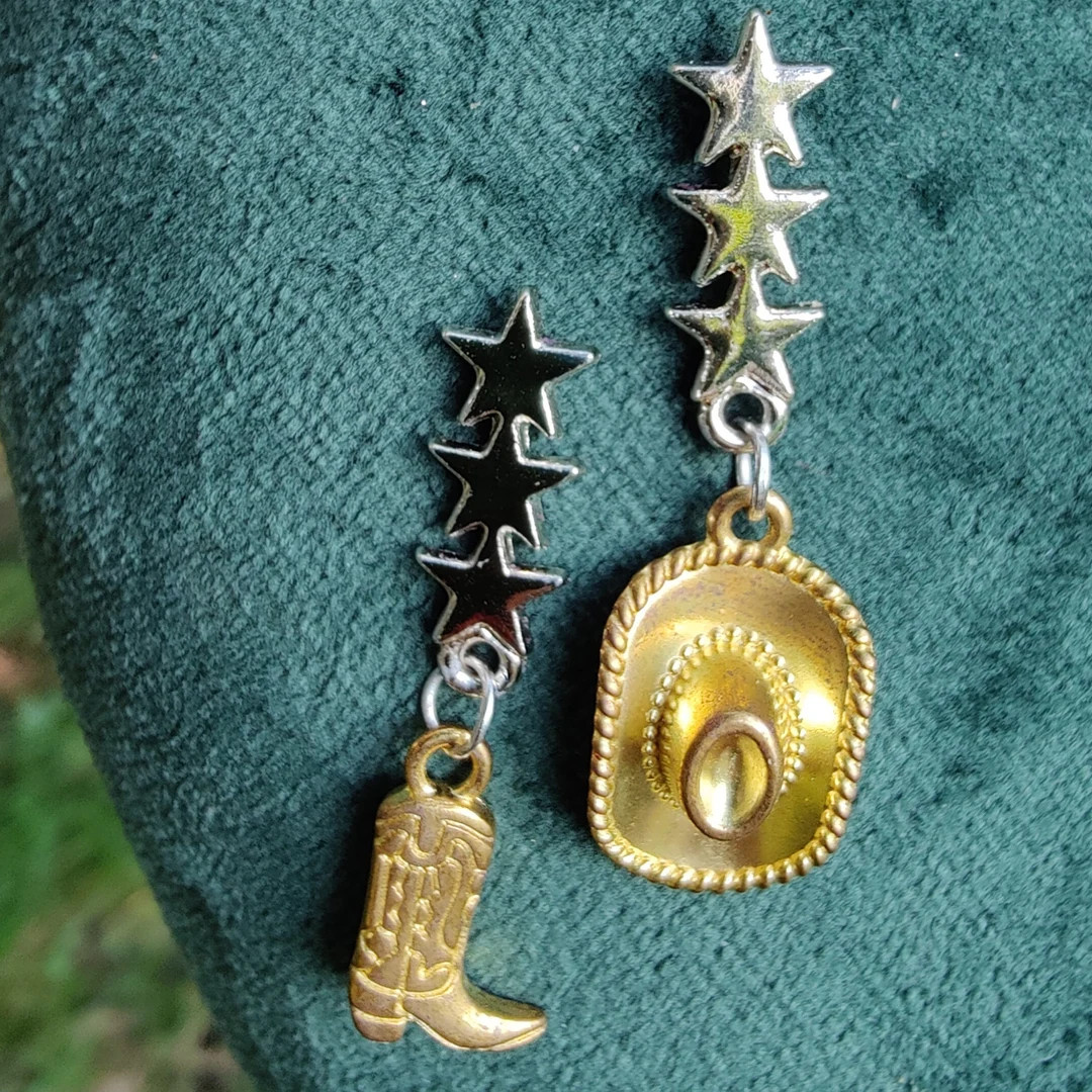 Two Tone Cowboy Chic Gold Plated Earrings With Mismatched Cowgirl Boot and Hat Charms Hypoallerge... | Etsy (US)