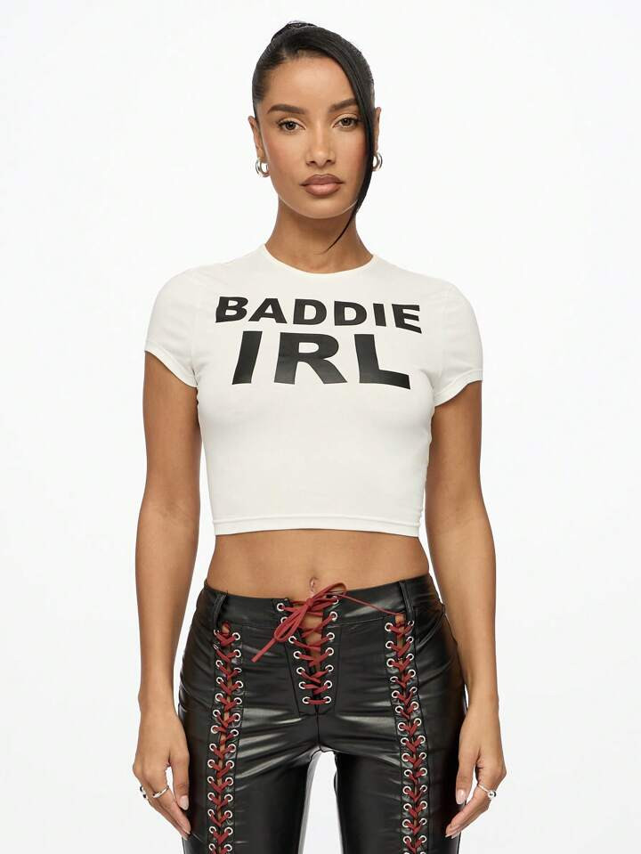 SUMWON WOMEN BADDIE IRL Crop Top Baby Tee Street Style Fitted Short Sleeve Graphic T-Shirt Urban Fashion Statement Top Festival Concert Party Wear Clubbing Summer Spring | SHEIN