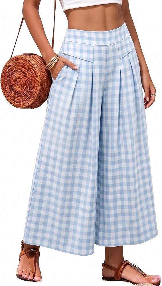 Athlisan Womens Summer Gingham Plaid Culottes Pants Elastic Waist Wide Leg Capri Pants Palazzo Tr... | Amazon (US)