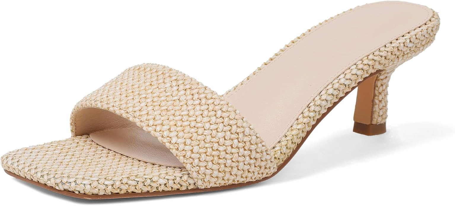 Ancomafio Kitten Heel Sandals Raffia Low Heels 2 Inch Square Open Toe Sandals for Women Slip on S... | Amazon (US)