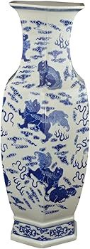25" Classic Blue and White Hexagonal Porcelain Vase, Lion Dance, Ceramic China Qing Style （D10... | Amazon (US)