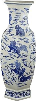 25" Classic Blue and White Hexagonal Porcelain Vase, Lion Dance, Ceramic China Qing Style （D10... | Amazon (US)