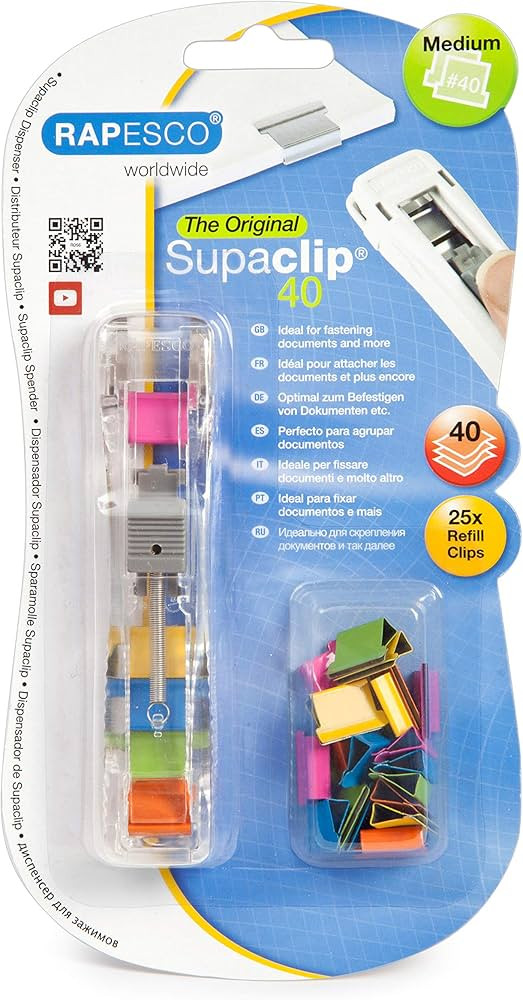 Rapesco Supaclip #40 Dispenser with 25 Multicoloured Refill Clips (RC4025MC) | Amazon (US)