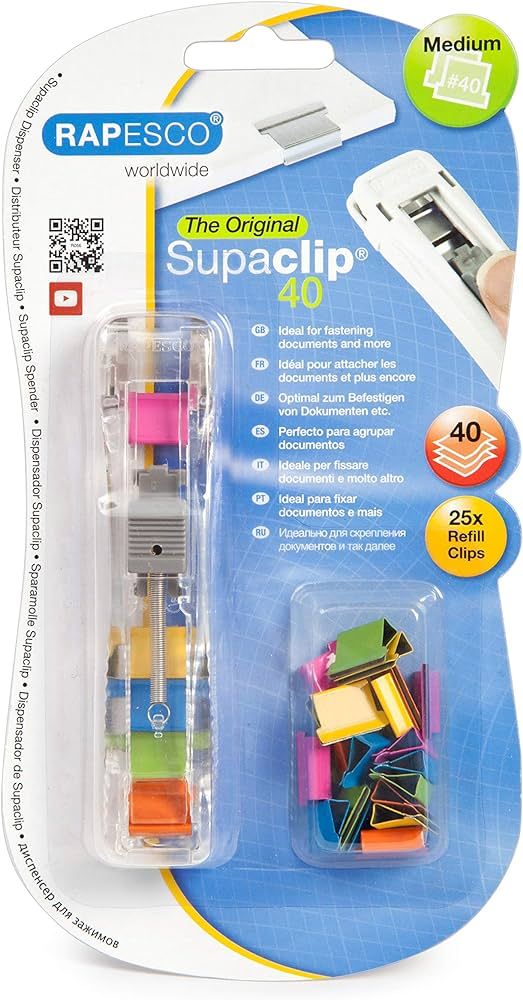 Rapesco Supaclip #40 Dispenser with 25 Multicoloured Refill Clips (RC4025MC) | Amazon (US)