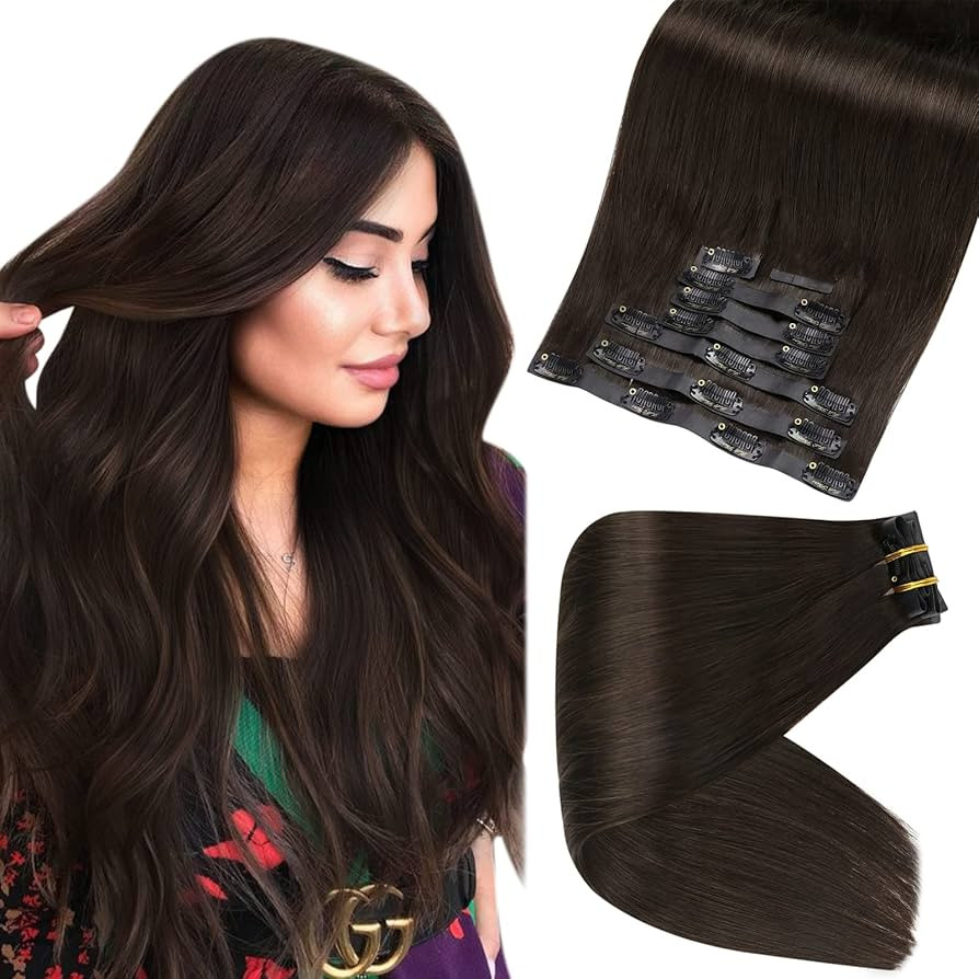 Full Shine Clip in Hair Extensions Real Human Hair 8 Pcs Dark Brown Hair Clip in Extensions Doubl... | Amazon (US)